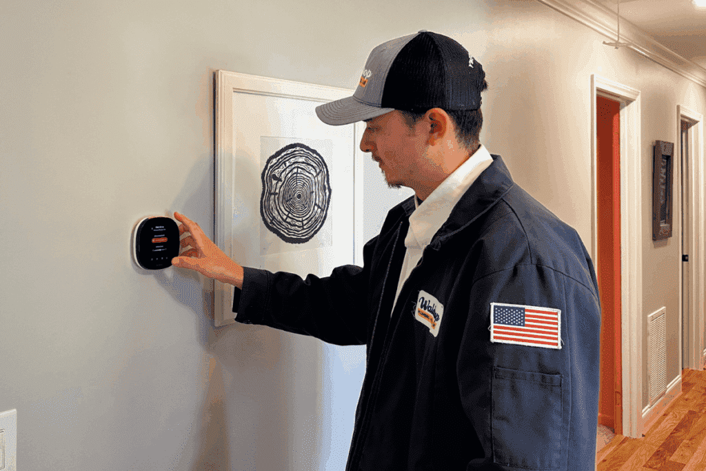 HVAC technician standing and looking at a smart themostat on the wall.