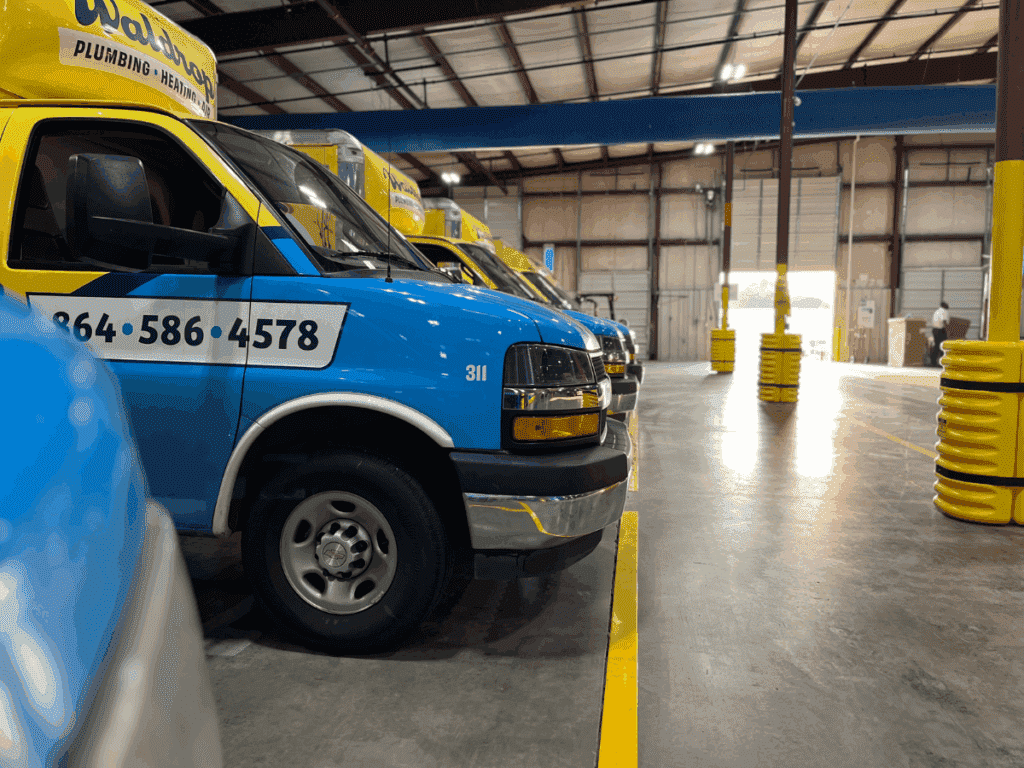waldrop trucks lined up in warehouse