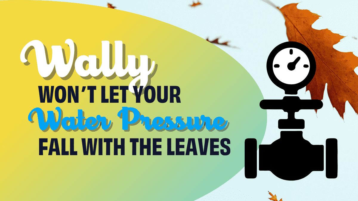 Wally won't let your water pressure fall. PRV on pipe graphic with fall leaves in backgound.