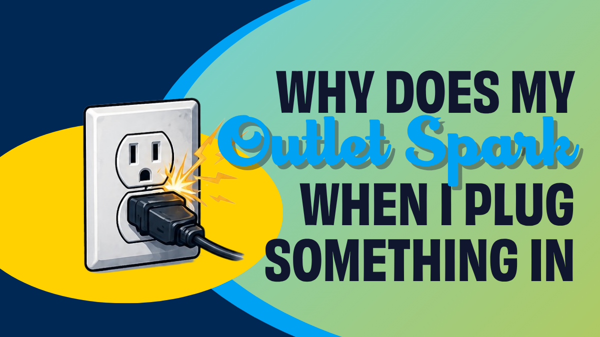 Informational banner about outlet sparking when plugging in, with a plugged-in outlet illustration and bold text.