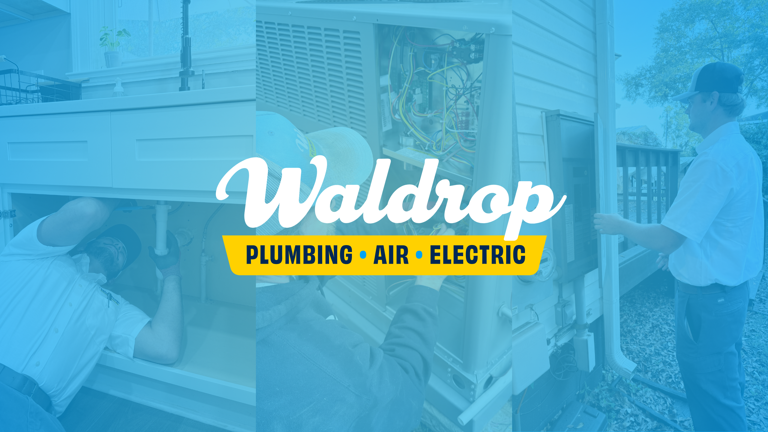 Brand banner for Waldrop showing technicians servicing outdoor HVAC with bold 'Waldrop' script and yellow 'Plumbing • Air • Electric' strip (outdoor service photo)