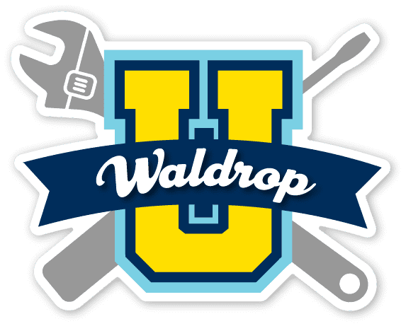 Waldrop logo: yellow U with blue outline, crossed wrench and screwdriver behind, banner with 'Waldrop' in white script.