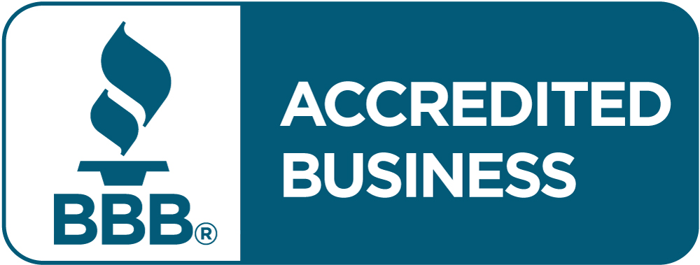BBB Accredited Business seal with torch logo and BBB initials on a blue field.