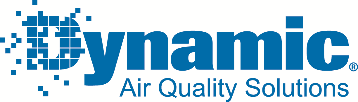 Dynamic Air Quality Solutions logo featuring a blue wordmark and pixel-globe motif on the left with subtitle beneath: 'Air Quality Solutions'