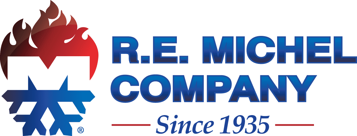R.E. Michel Company logo with a red flame above a blue gear/mark and the text 'R.E. MICHEL COMPANY' and 'Since 1935'.