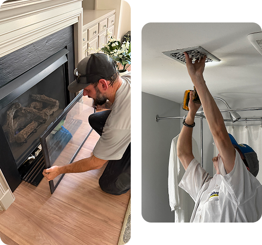 Man kneeling by a built‑in fireplace, lifting the glass door to inspect the firebox.