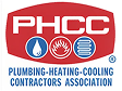 PHCC logo: red shield with blue droplets and the text 'PHCC' and 'Plumbing-Heating-Cooling Contractors Association'