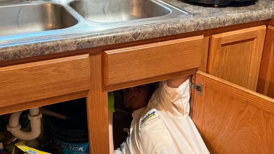 Waldrop plumber undenearth sink addressing kitchen plumbing.
