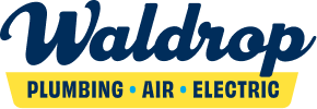 Waldrop logo: blue script 'Waldrop' with a yellow banner reading 'PLUMBING • AIR • ELECTRIC'
