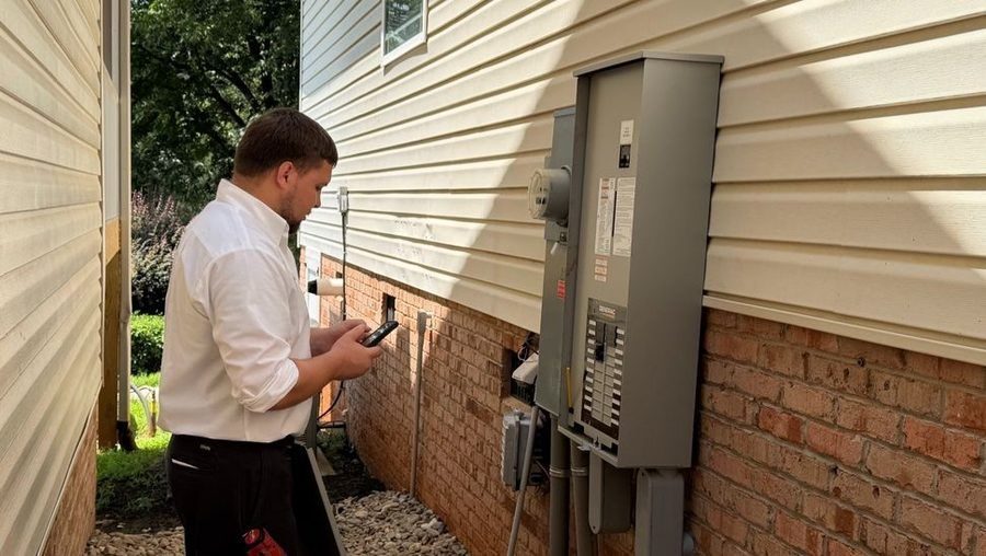 Electrician standing in front of electrical panel.