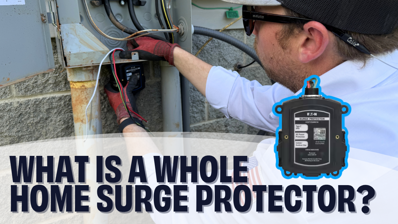 Electrician installing a surge protector at a customer's home with "what is a whole home surge protector" written on it