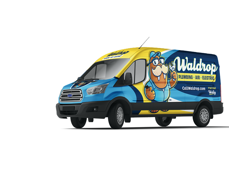 Colorful service van for Waldrop Plumbing, Air & Electric with a cartoon beaver mascot and contact info on the side.