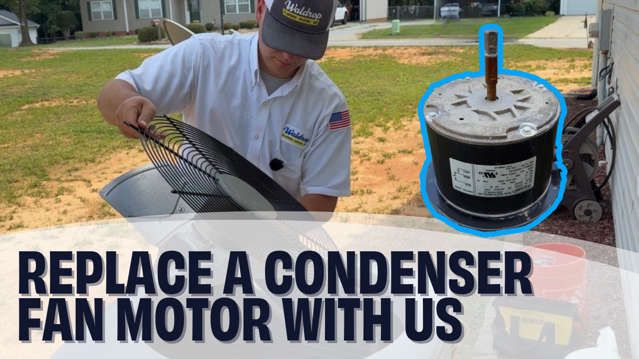 A picture of an HVAC tech replacing a condenser fan motor on an outdoor HVAC unit
